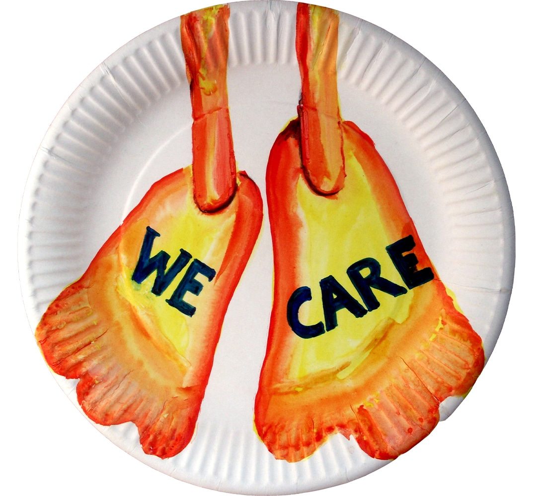 Watercolour of two elongated orange hands with the words “WE CARE” on a paper plate.