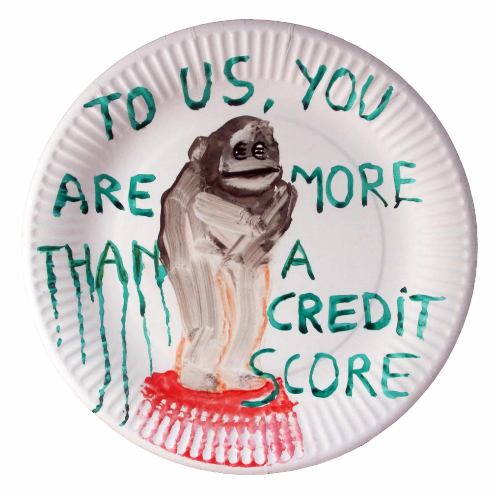 Watercolour of a standing figure with the words “To Us, You Are More Than a Credit Score” on a paper plate.