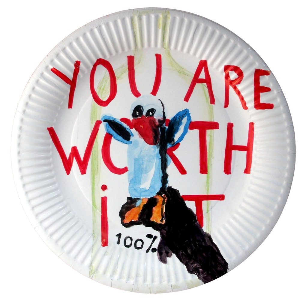 Watercolour of a figure with the words “You Are Worth It” on a paper plate.