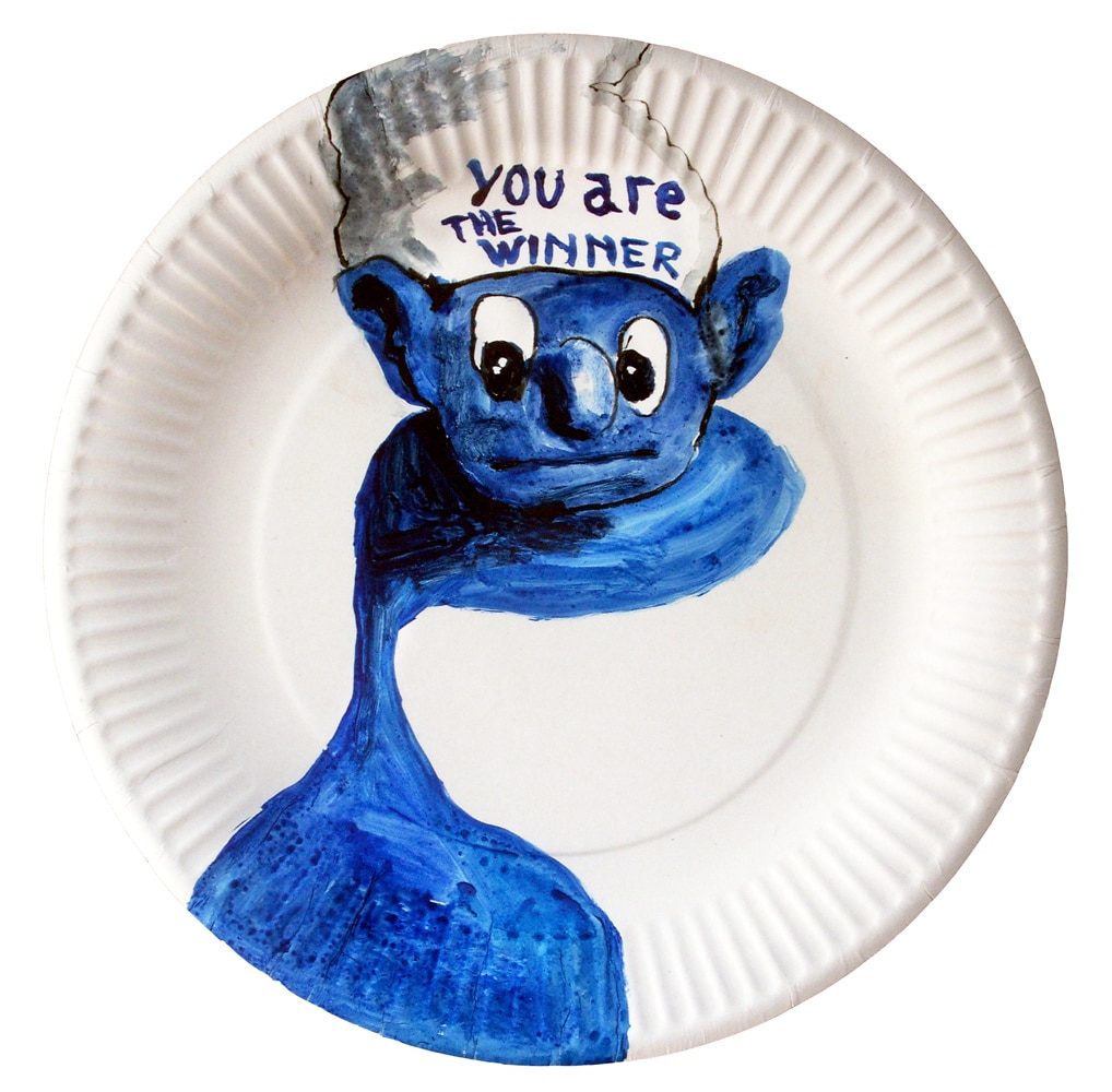 Watercolour of a blue Smurf figure on a paper plate.