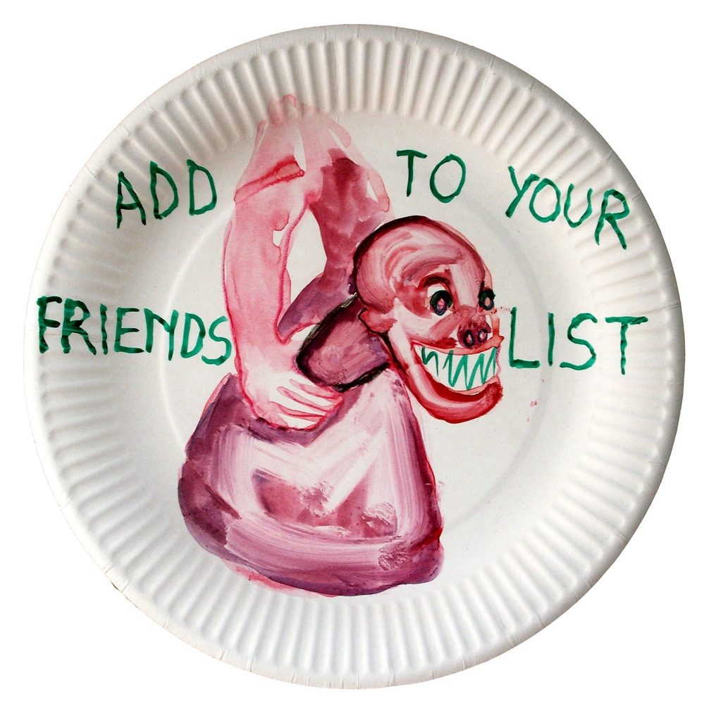 Watercolour of a pink figure with the words “Add … to your friends list” on a paper plate.