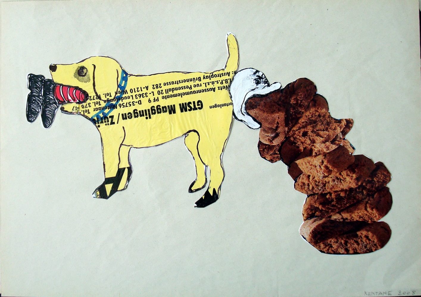 Collage featuring two animal-like figures facing each other against a pale background.